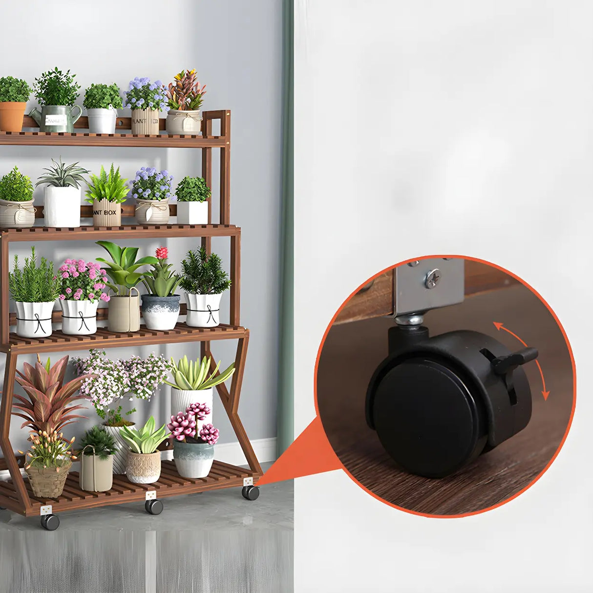 Waterproof Wood Balcony Brown Plant Stand with Wheels Image - 13