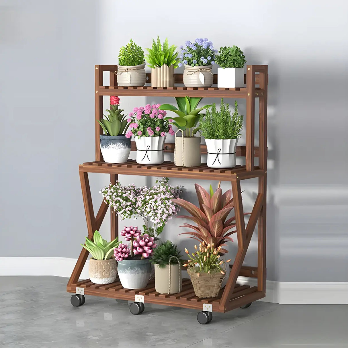 Waterproof Wood Balcony Brown Plant Stand with Wheels Image - 14