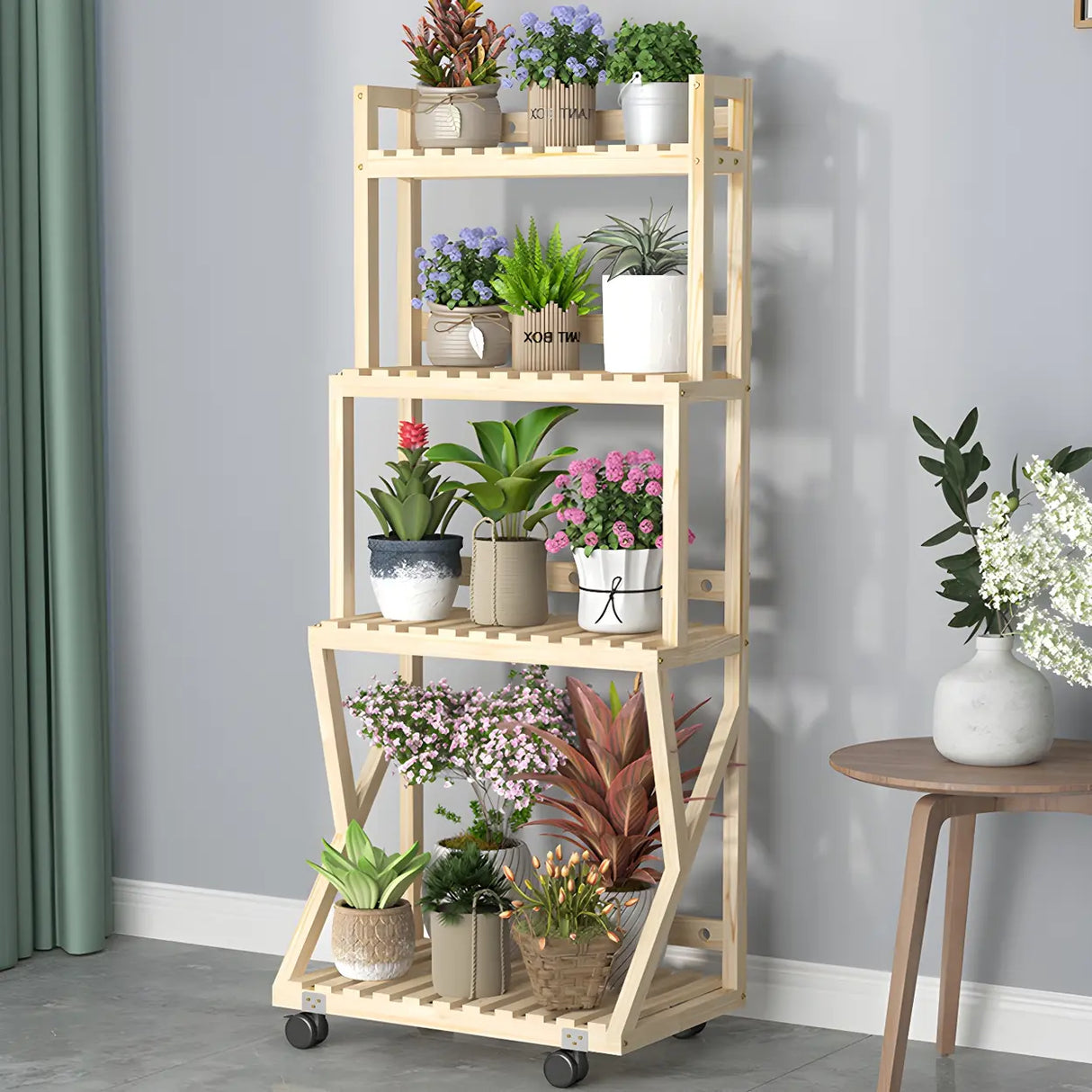 Waterproof Wood Balcony Brown Plant Stand with Wheels Image - 15