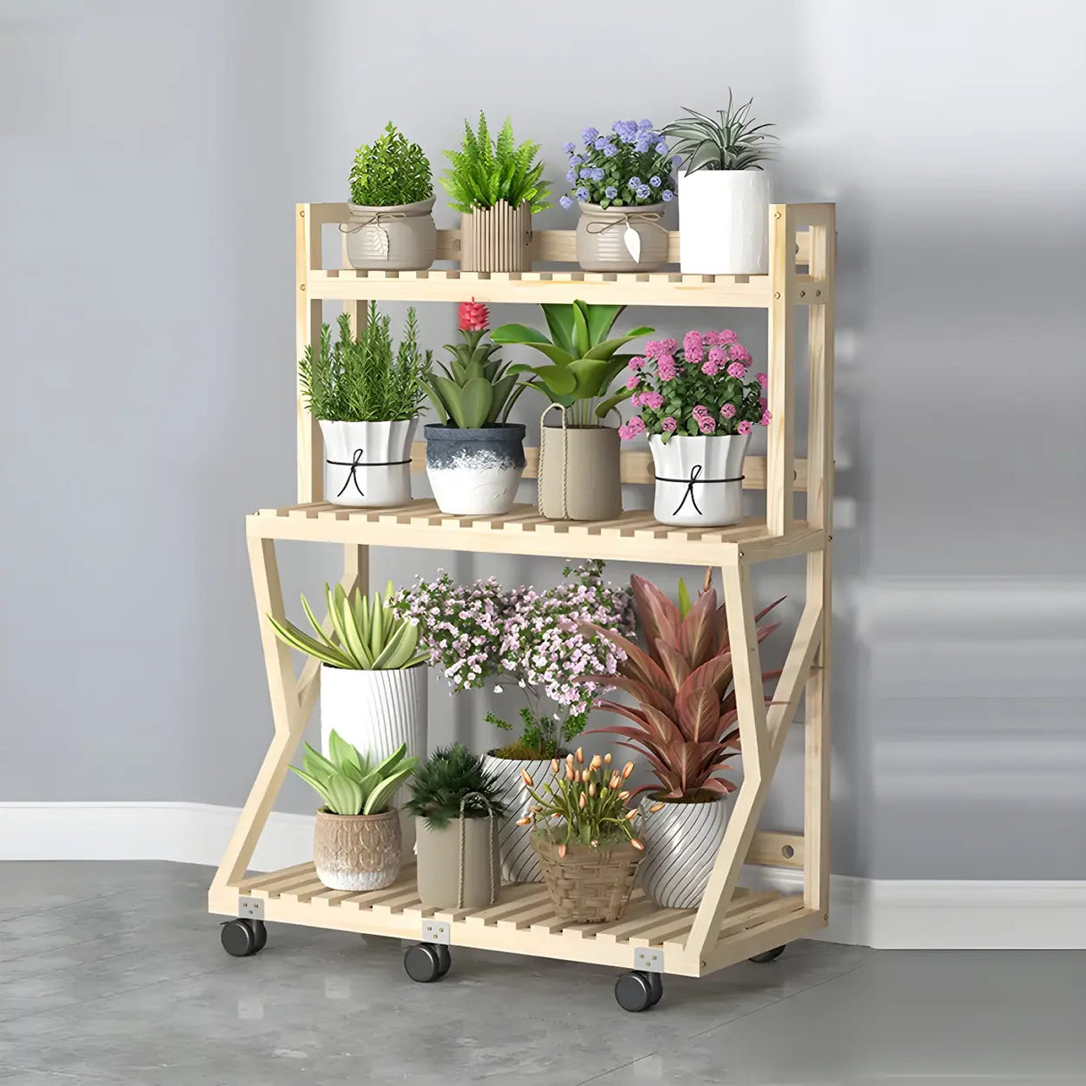 Waterproof Wood Balcony Brown Plant Stand with Wheels Image - 16