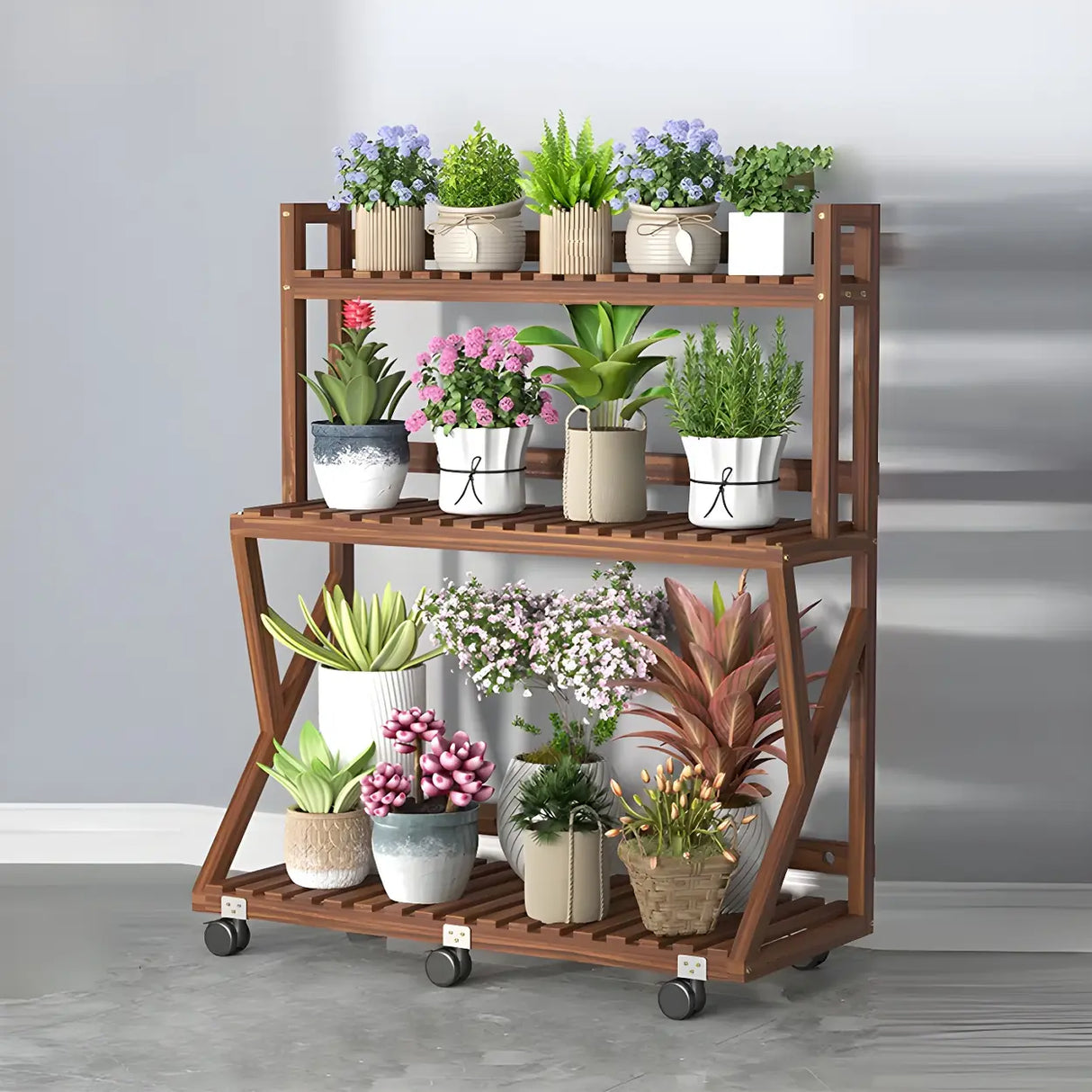 Waterproof Wood Balcony Brown Plant Stand with Wheels Image - 17