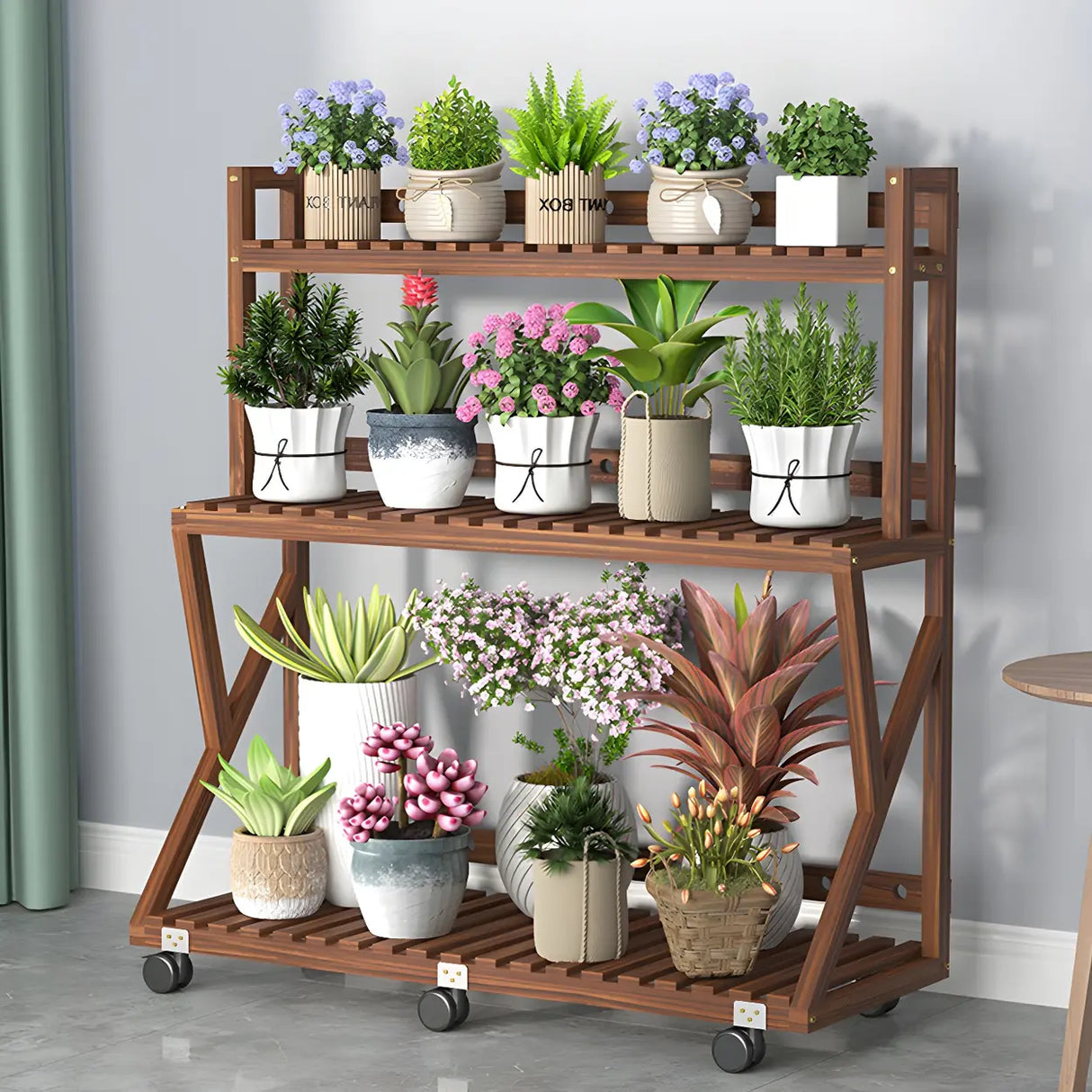 Waterproof Wood Balcony Brown Plant Stand with Wheels Image - 18