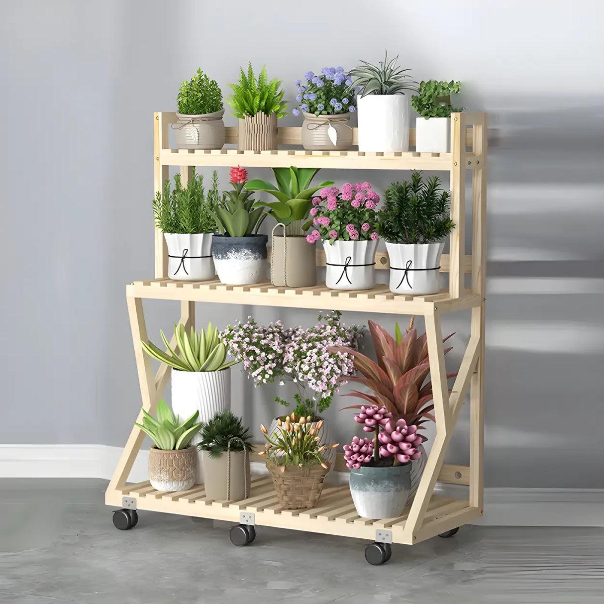 Waterproof Wood Balcony Brown Plant Stand with Wheels Image - 19