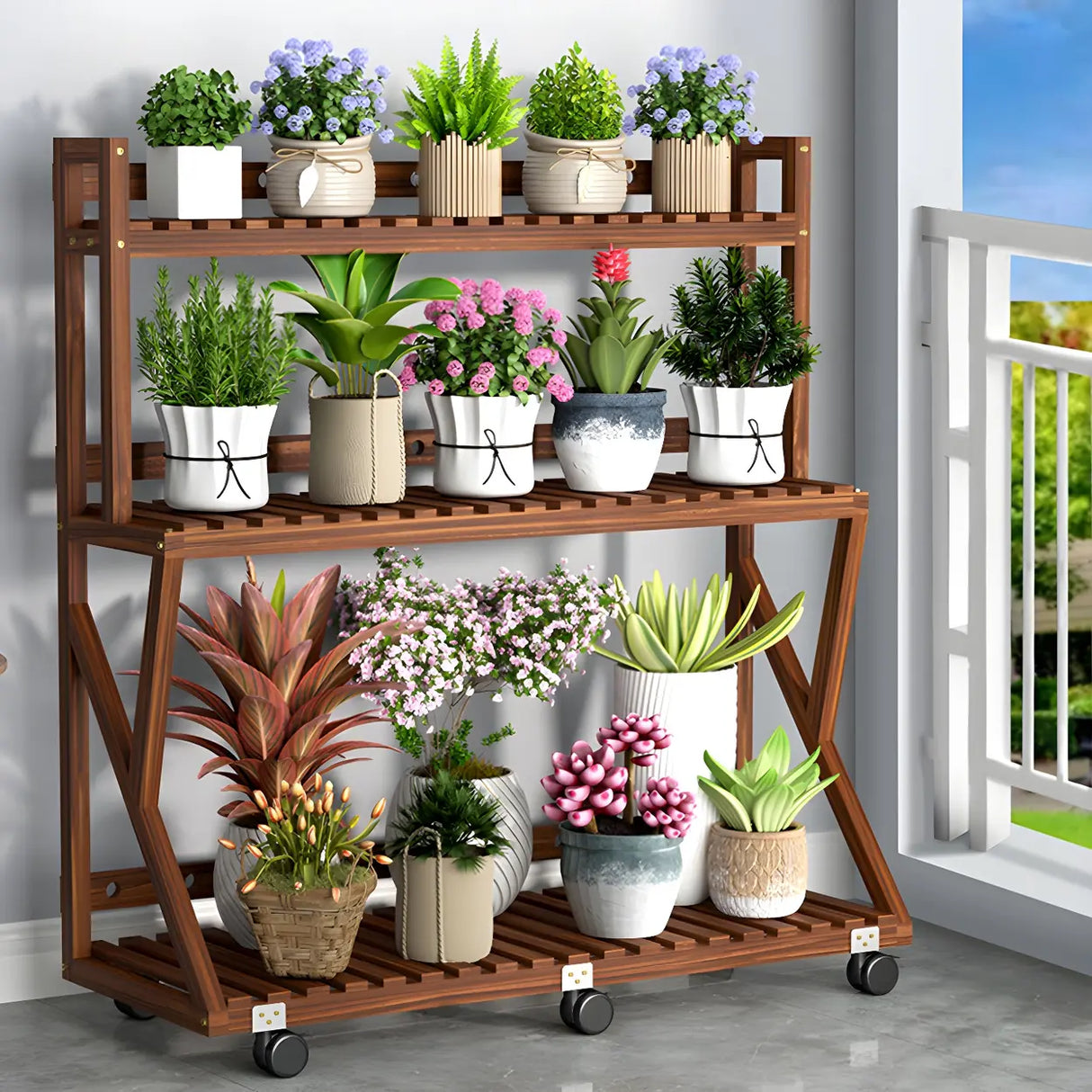 Waterproof Wood Balcony Brown Plant Stand with Wheels Image - 1