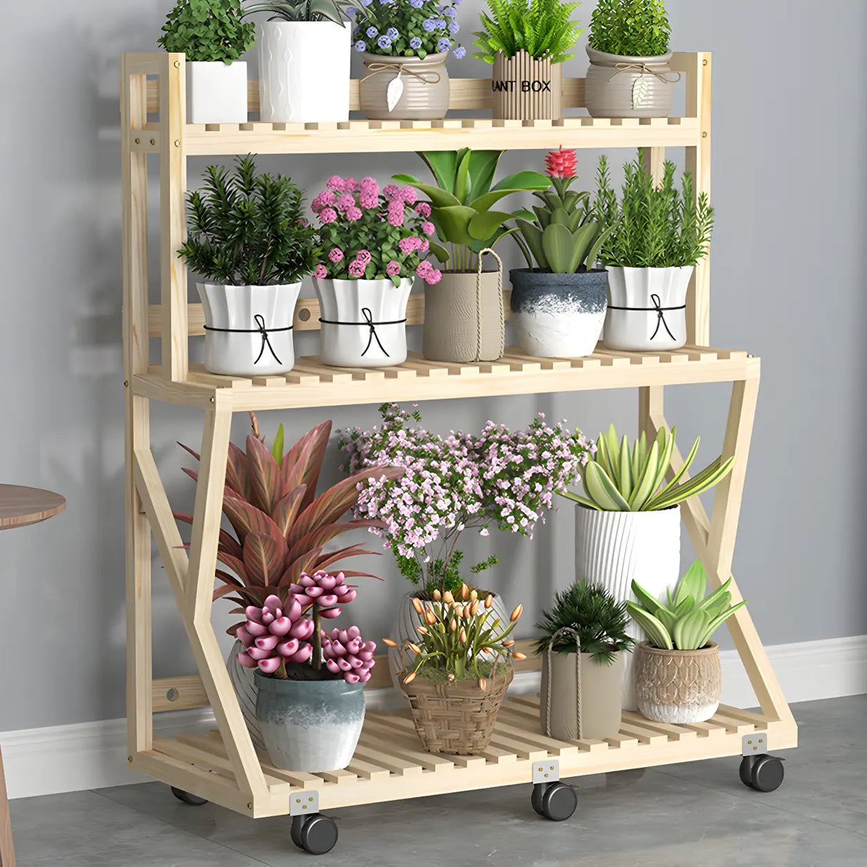 Waterproof Wood Balcony Brown Plant Stand with Wheels Image - 20