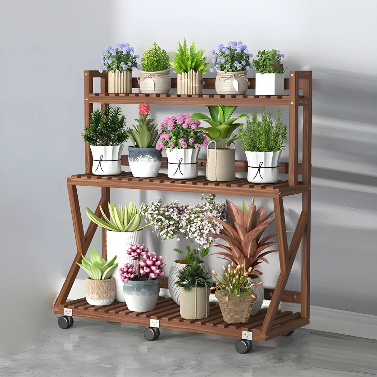 Waterproof Wood Balcony Brown Plant Stand with Wheels Image - 21