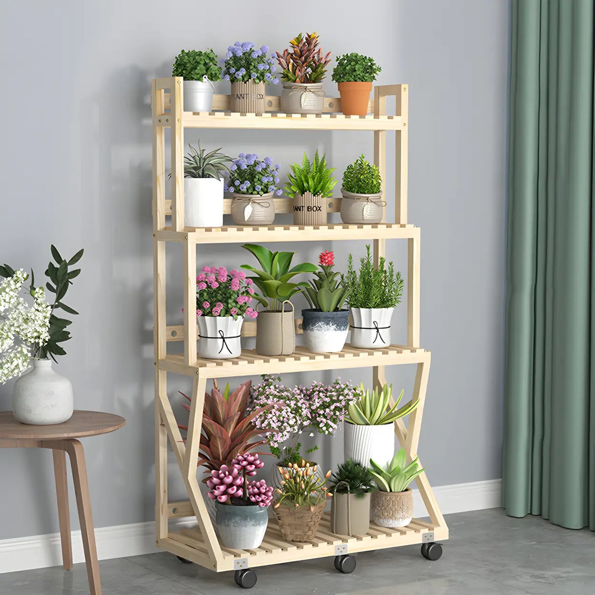 Waterproof Wood Balcony Brown Plant Stand with Wheels Image - 22