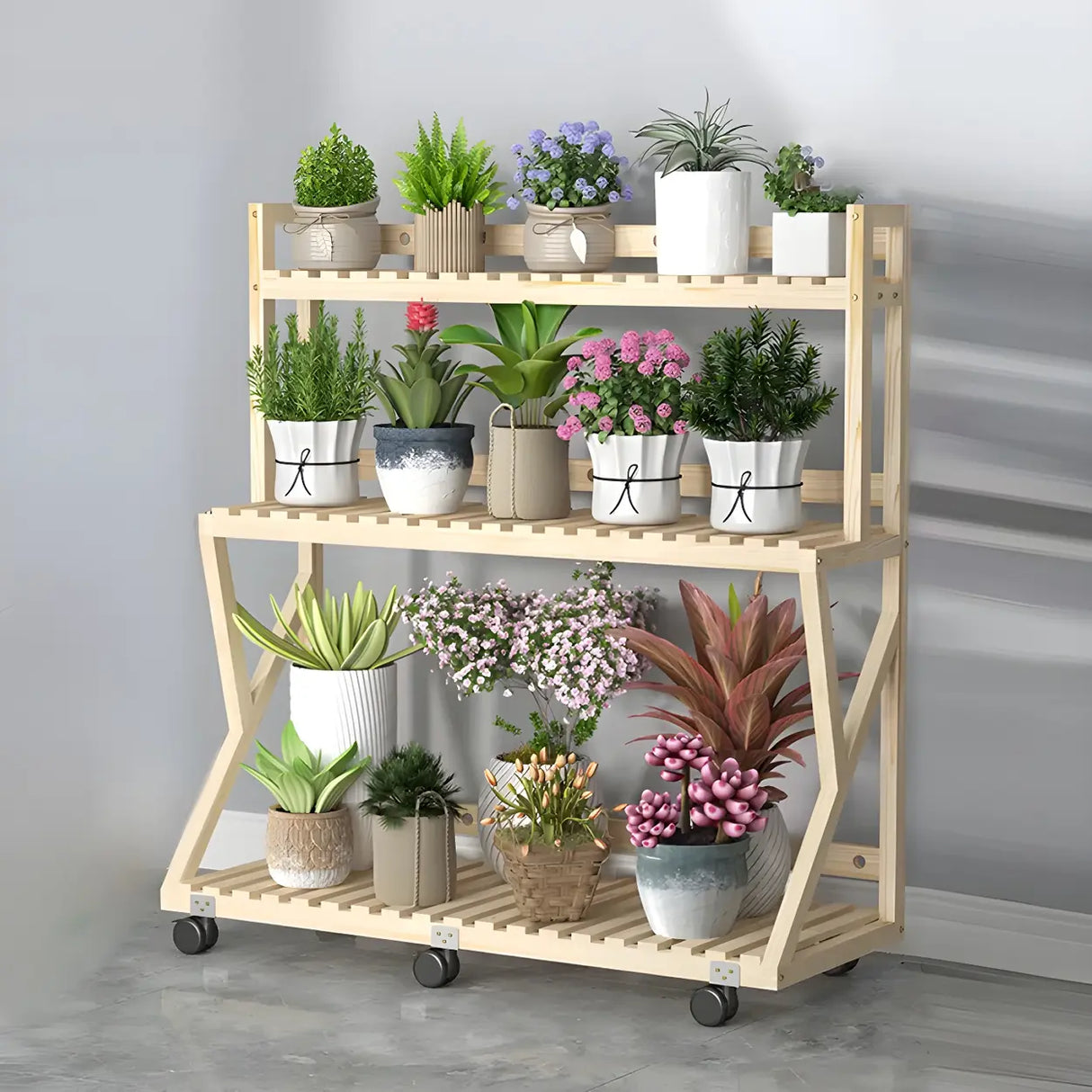 Waterproof Wood Balcony Brown Plant Stand with Wheels Image - 24