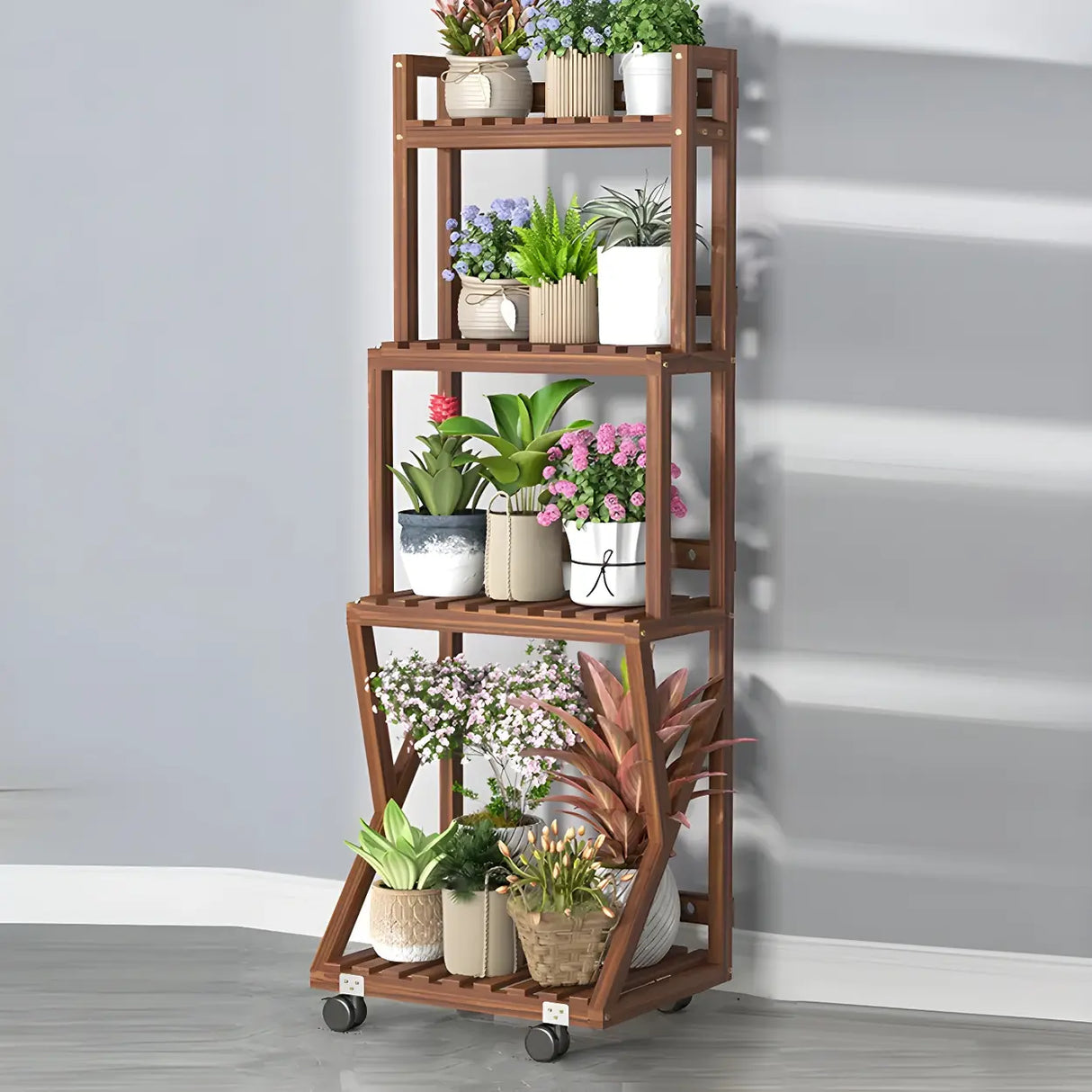 Waterproof Wood Balcony Brown Plant Stand with Wheels Image - 26