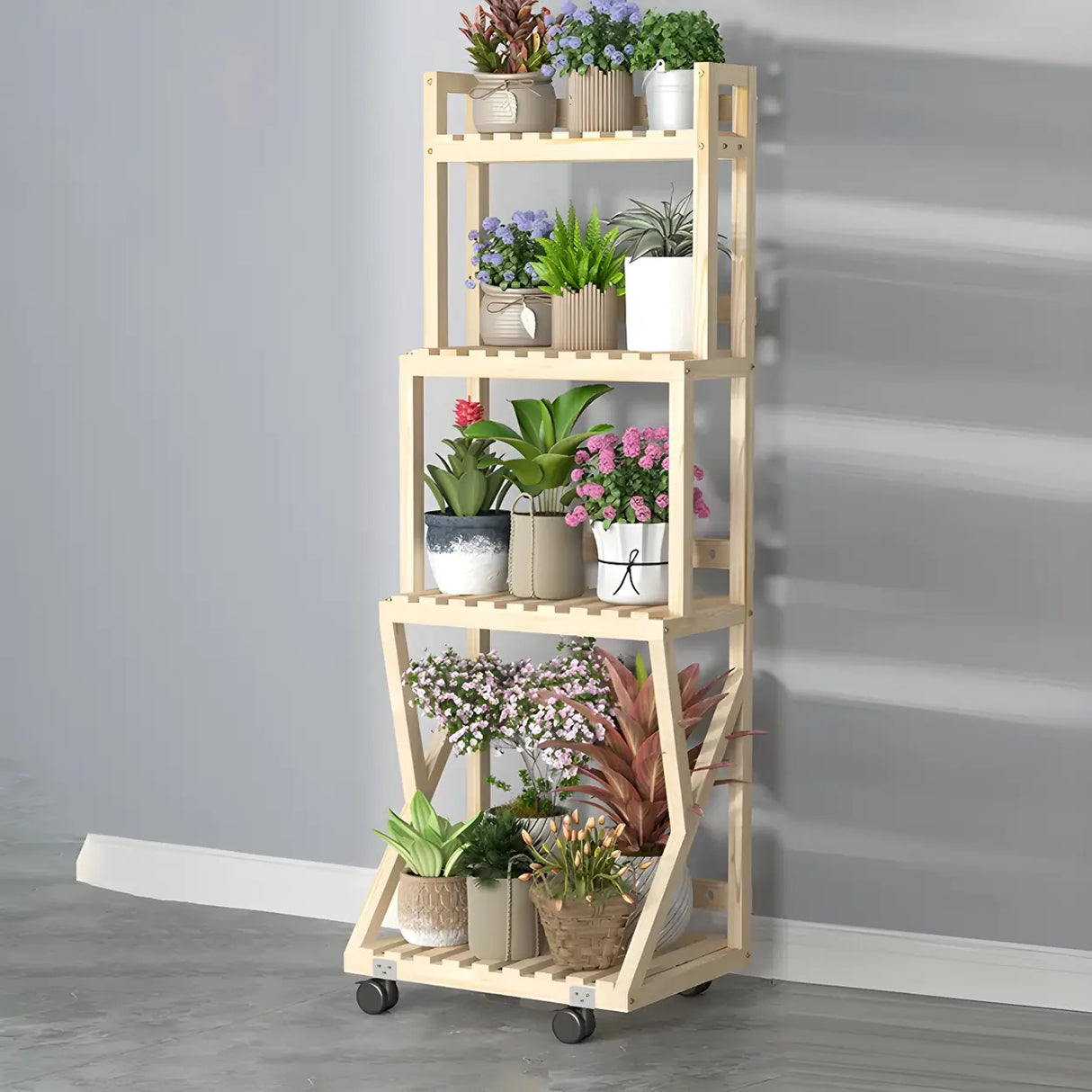 Waterproof Wood Balcony Brown Plant Stand with Wheels Image - 27