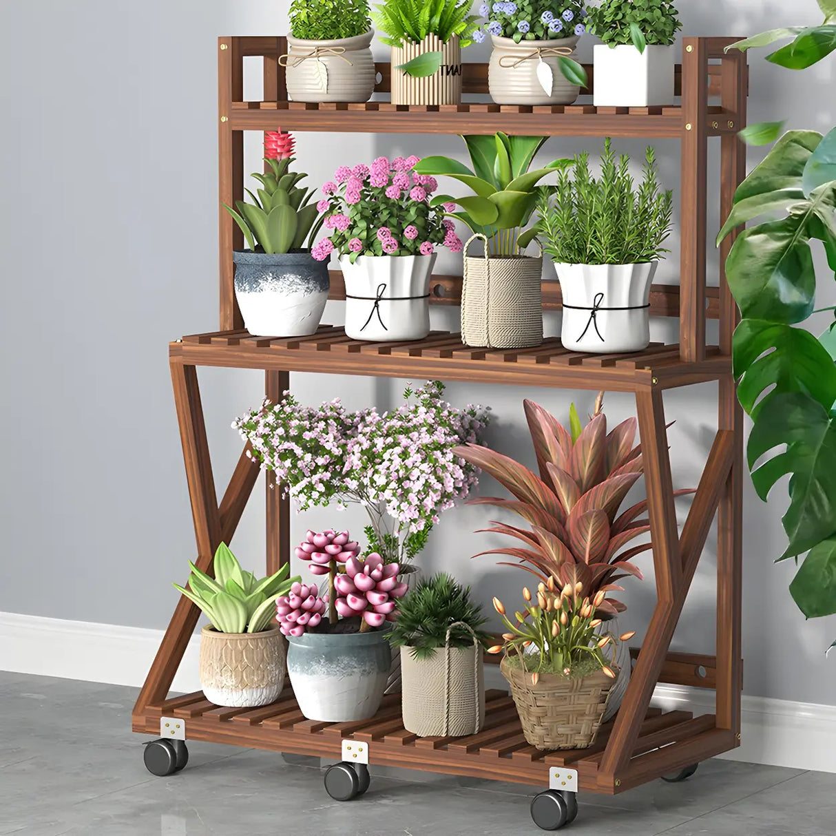 Waterproof Wood Balcony Brown Plant Stand with Wheels Image - 28