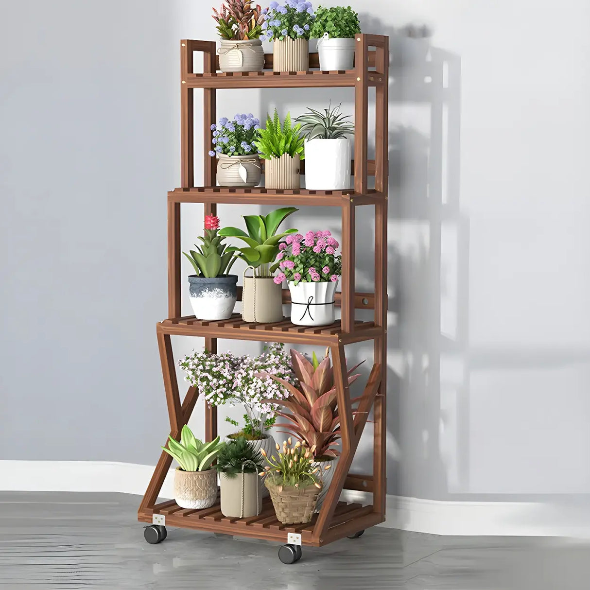 Waterproof Wood Balcony Brown Plant Stand with Wheels Image - 29