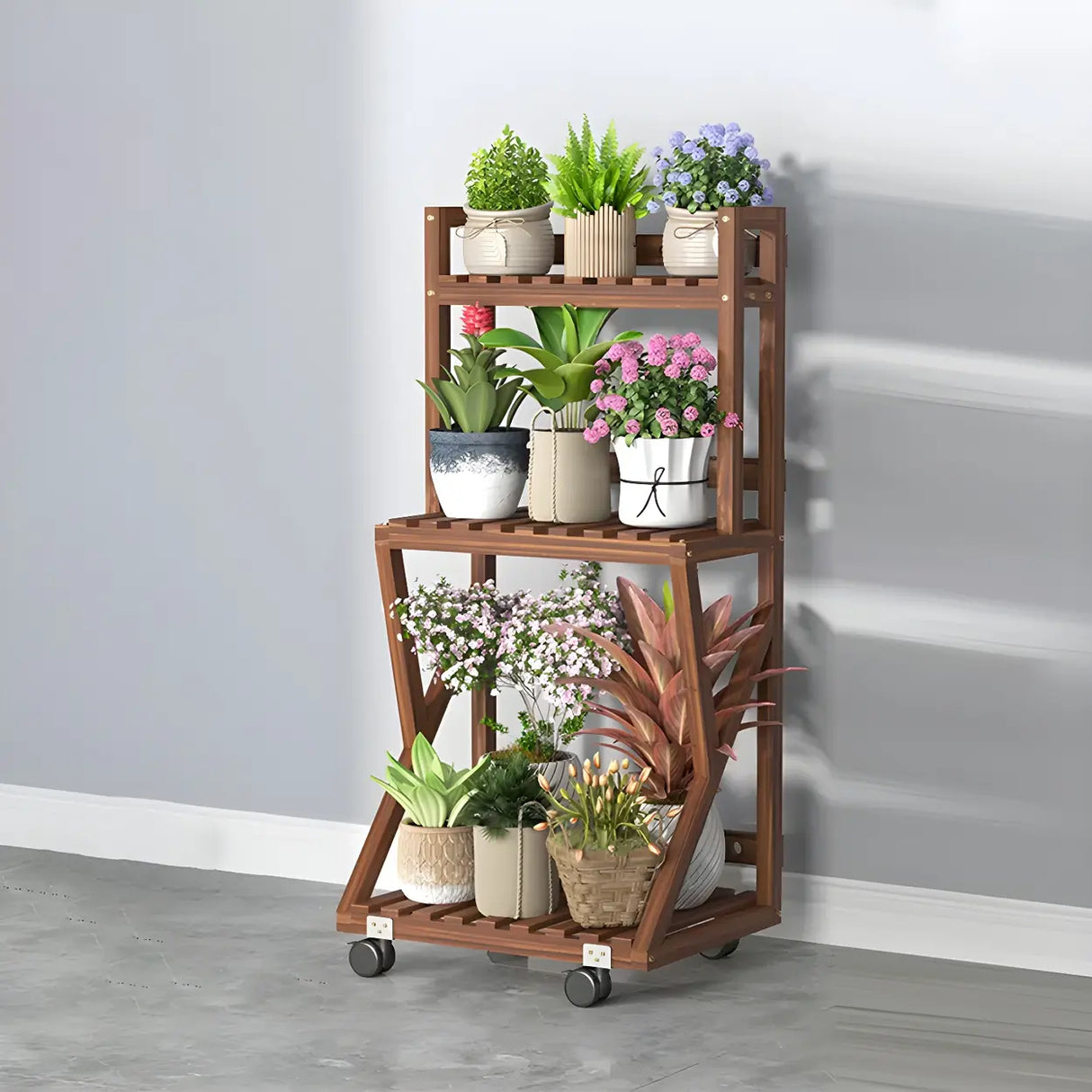 Waterproof Wood Balcony Brown Plant Stand with Wheels Image - 2