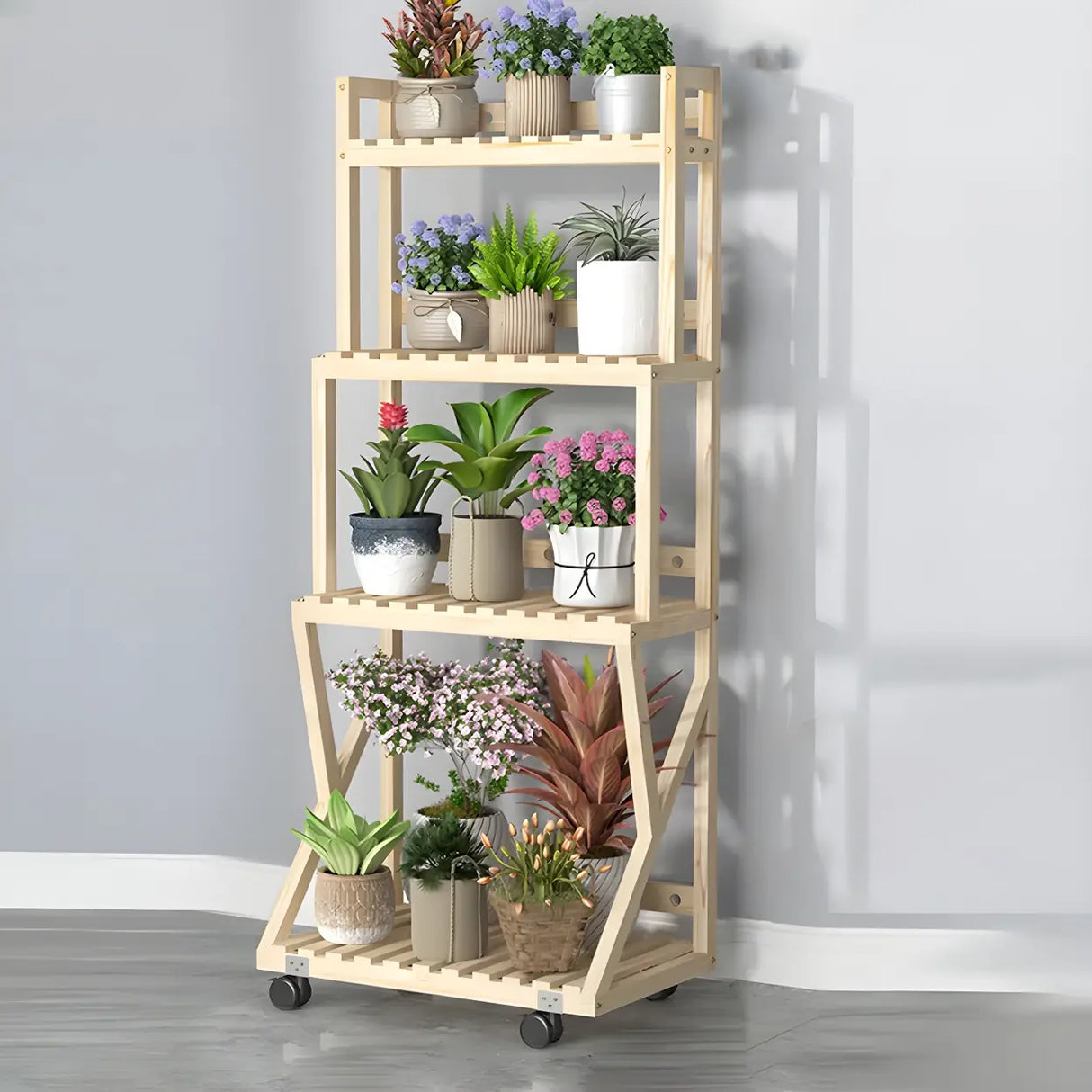 Waterproof Wood Balcony Brown Plant Stand with Wheels Image - 30