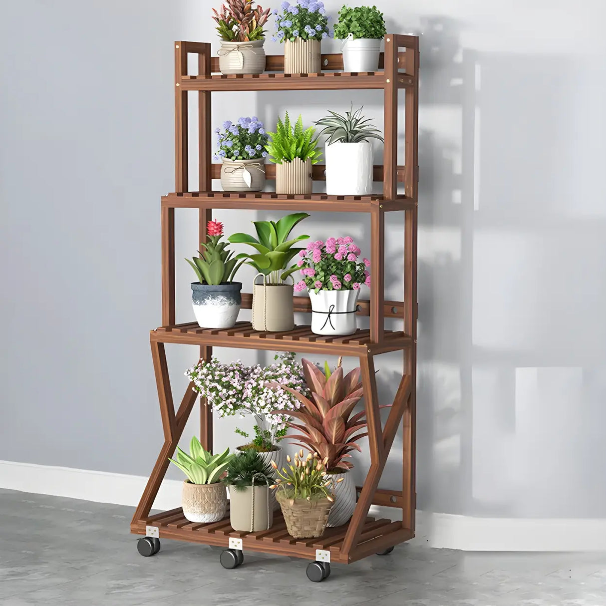 Waterproof Wood Balcony Brown Plant Stand with Wheels Image - 31