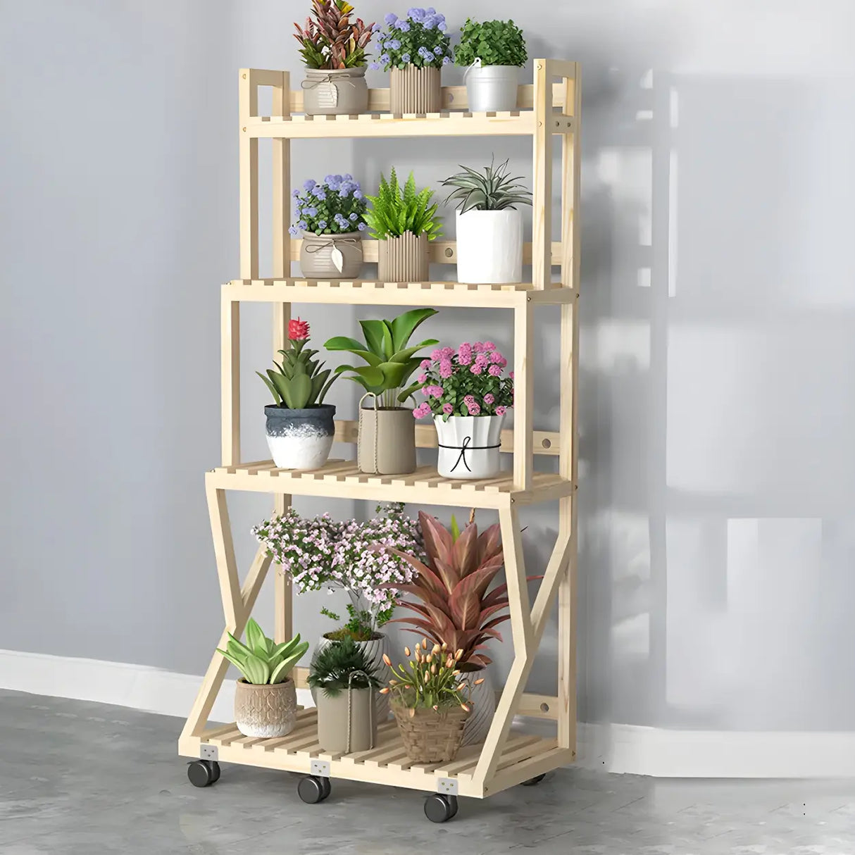 Waterproof Wood Balcony Brown Plant Stand with Wheels Image - 32