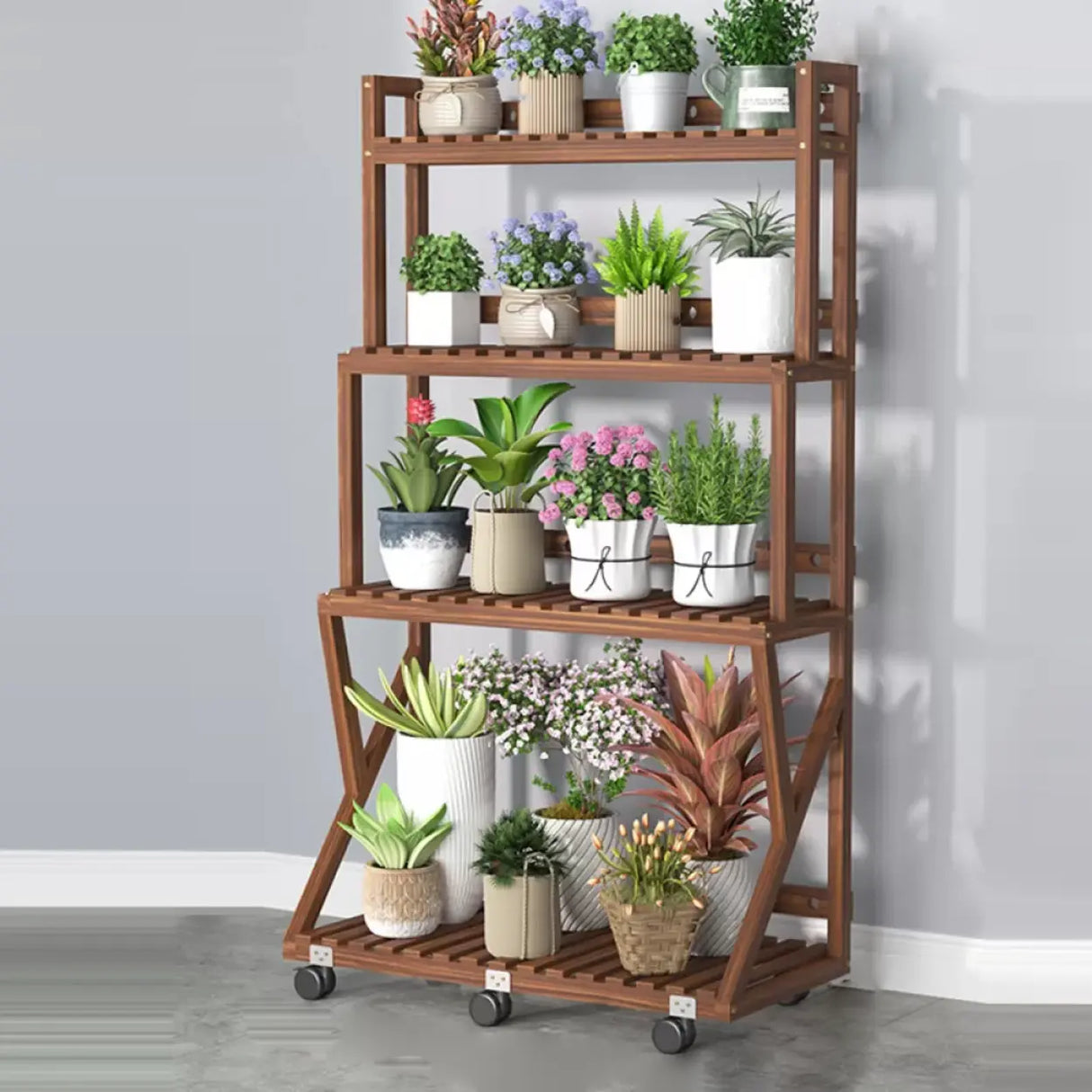Waterproof Wood Balcony Brown Plant Stand with Wheels Image - 33