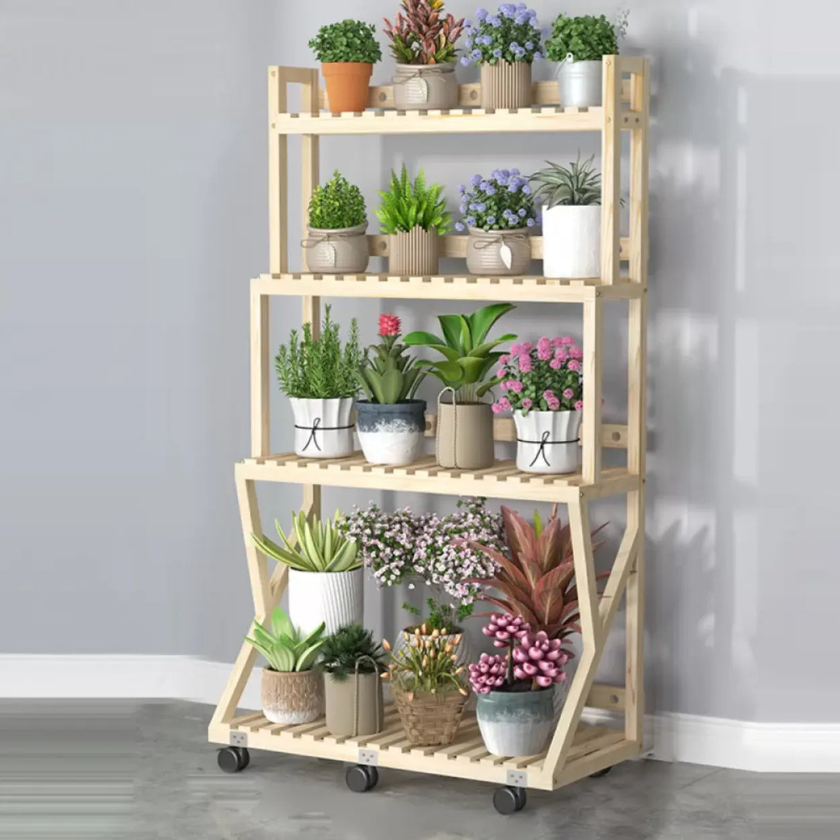 Waterproof Wood Balcony Brown Plant Stand with Wheels Image - 34