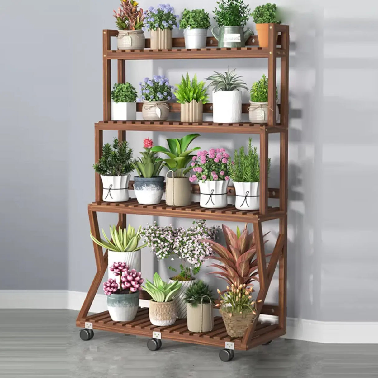 Waterproof Wood Balcony Brown Plant Stand with Wheels Image - 35