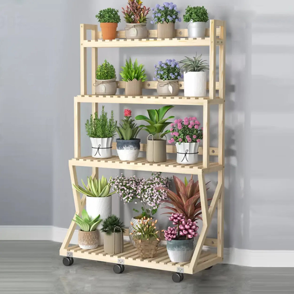 Waterproof Wood Balcony Brown Plant Stand with Wheels Image - 36