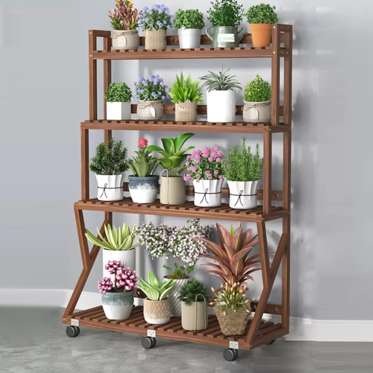 Waterproof Wood Balcony Brown Plant Stand with Wheels Image - 37