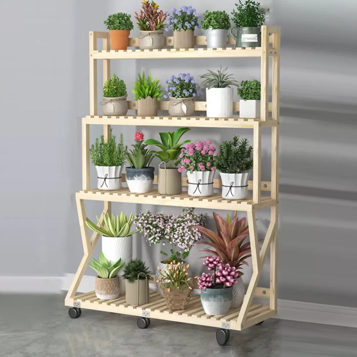 Waterproof Wood Balcony Brown Plant Stand with Wheels Image - 38