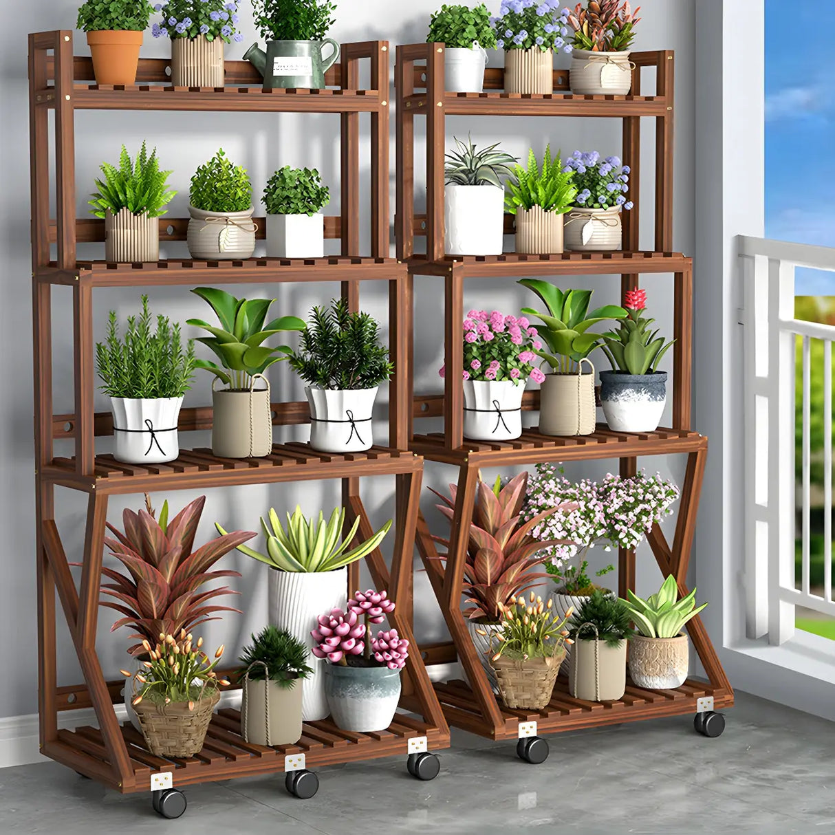 Waterproof Wood Balcony Brown Plant Stand with Wheels Image - 3