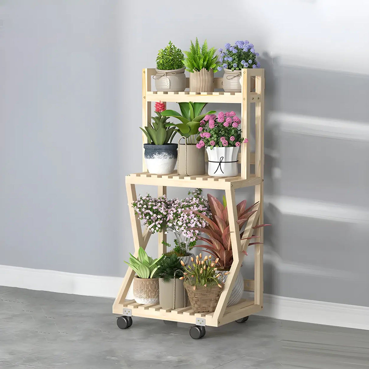 Waterproof Wood Balcony Brown Plant Stand with Wheels Image - 4