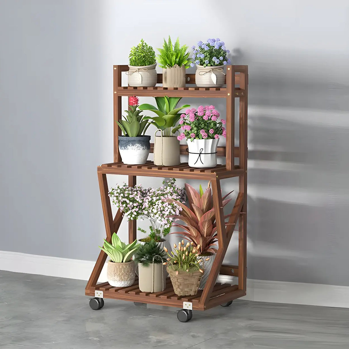 Waterproof Wood Balcony Brown Plant Stand with Wheels Image - 5