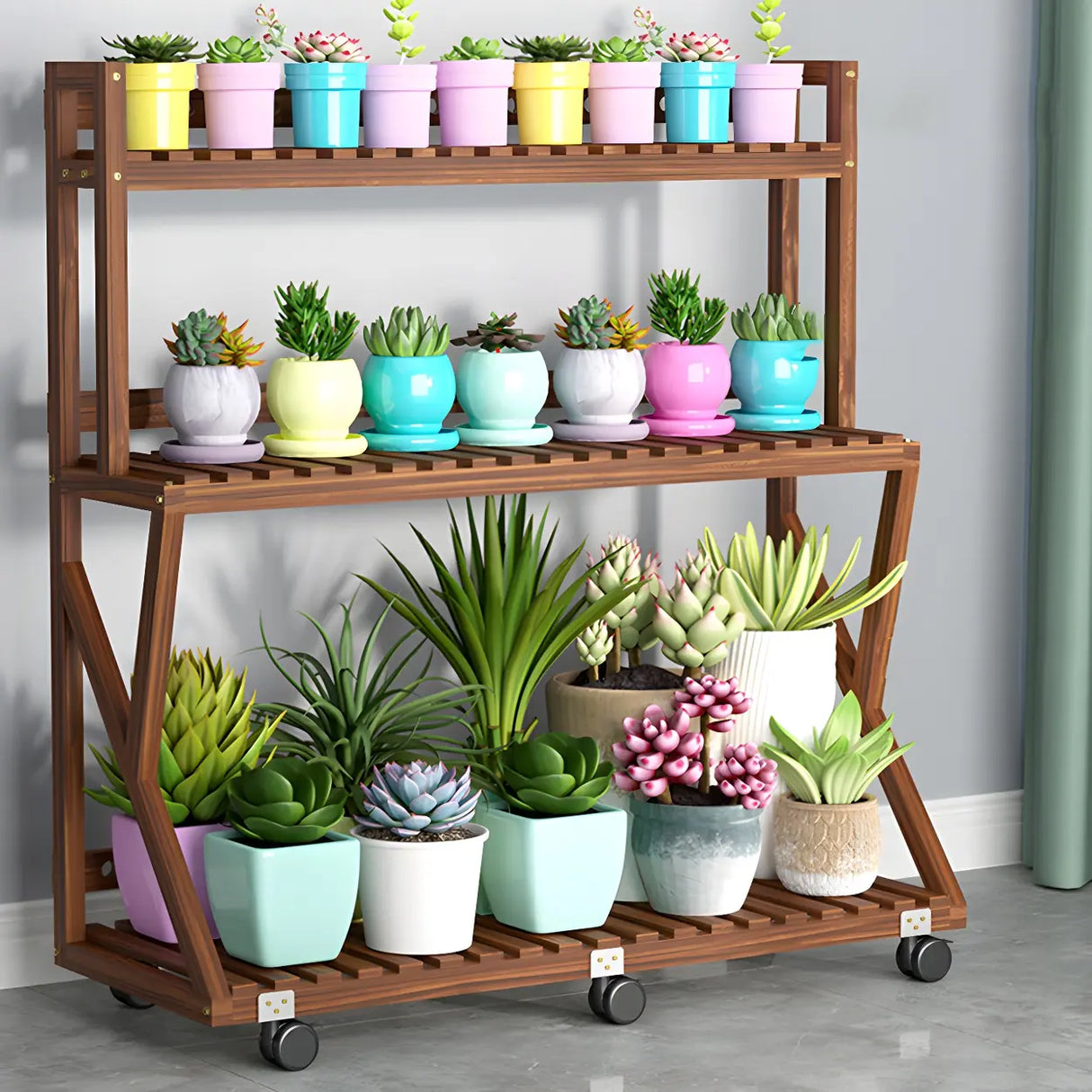 Waterproof Wood Balcony Brown Plant Stand with Wheels Image - 6