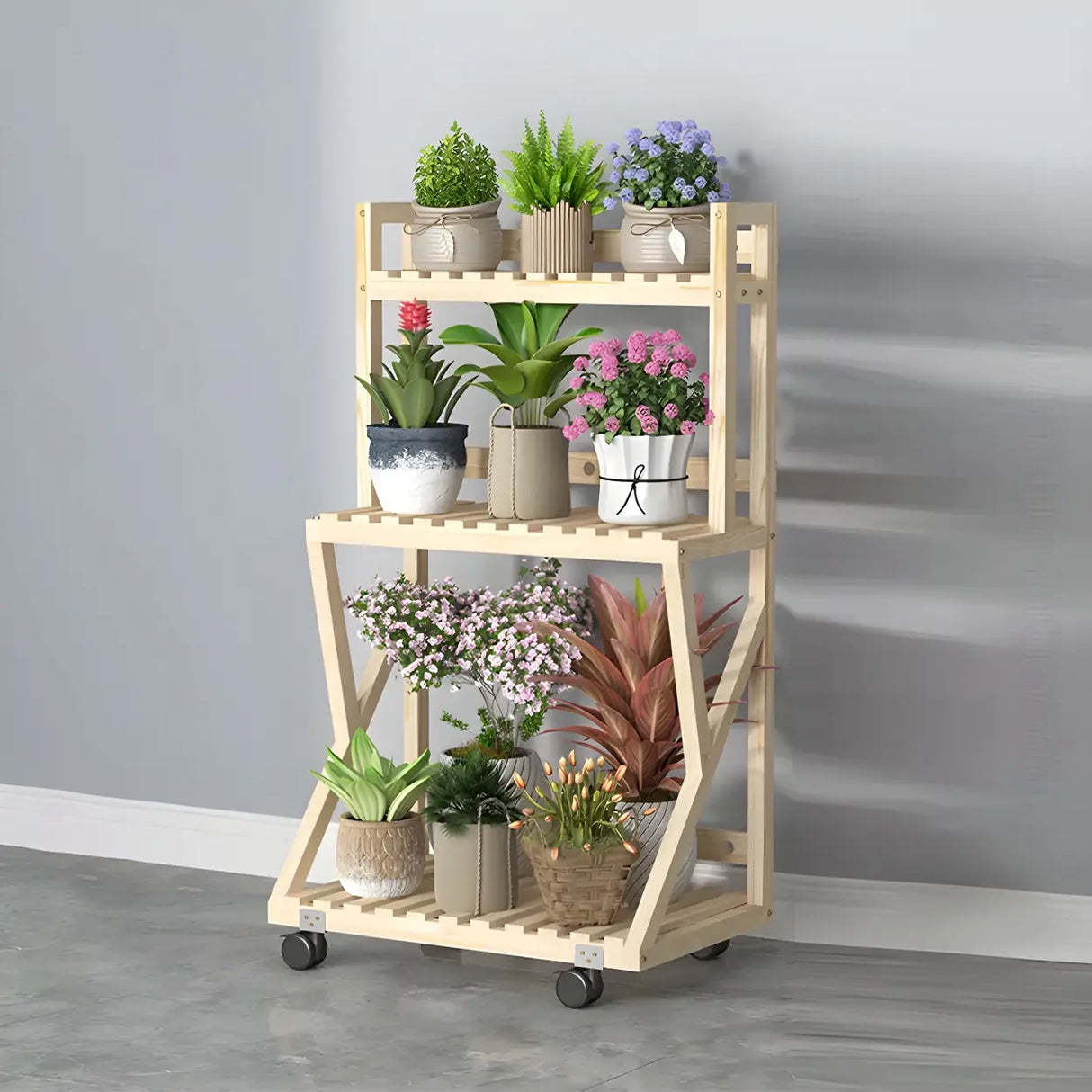 Waterproof Wood Balcony Brown Plant Stand with Wheels Image - 7