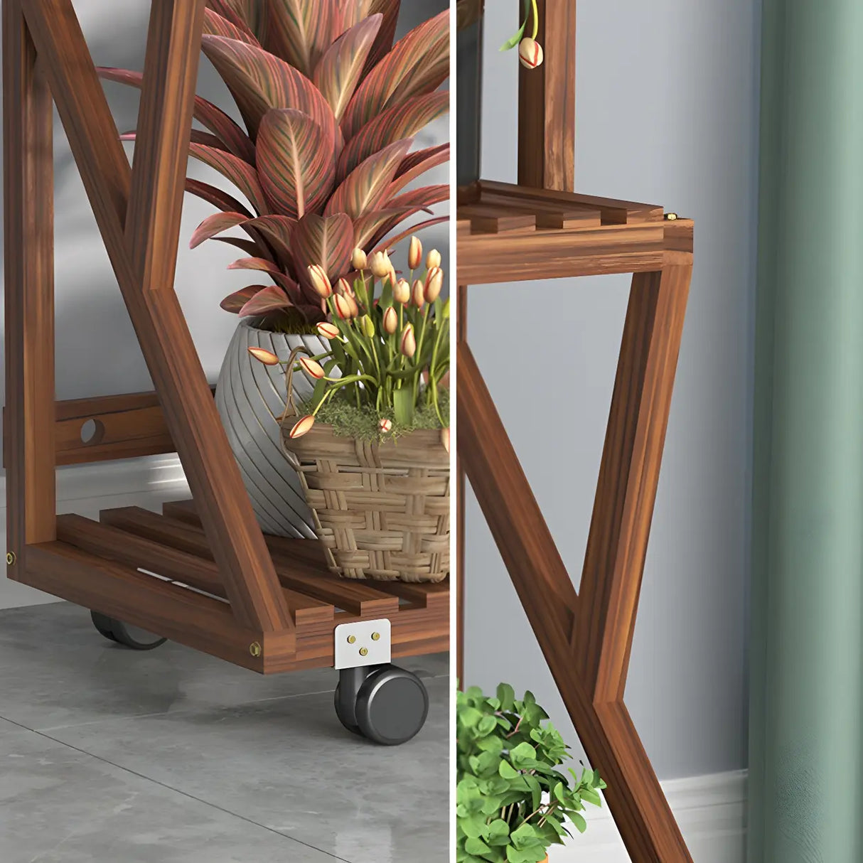 Waterproof Wood Balcony Brown Plant Stand with Wheels Image - 8