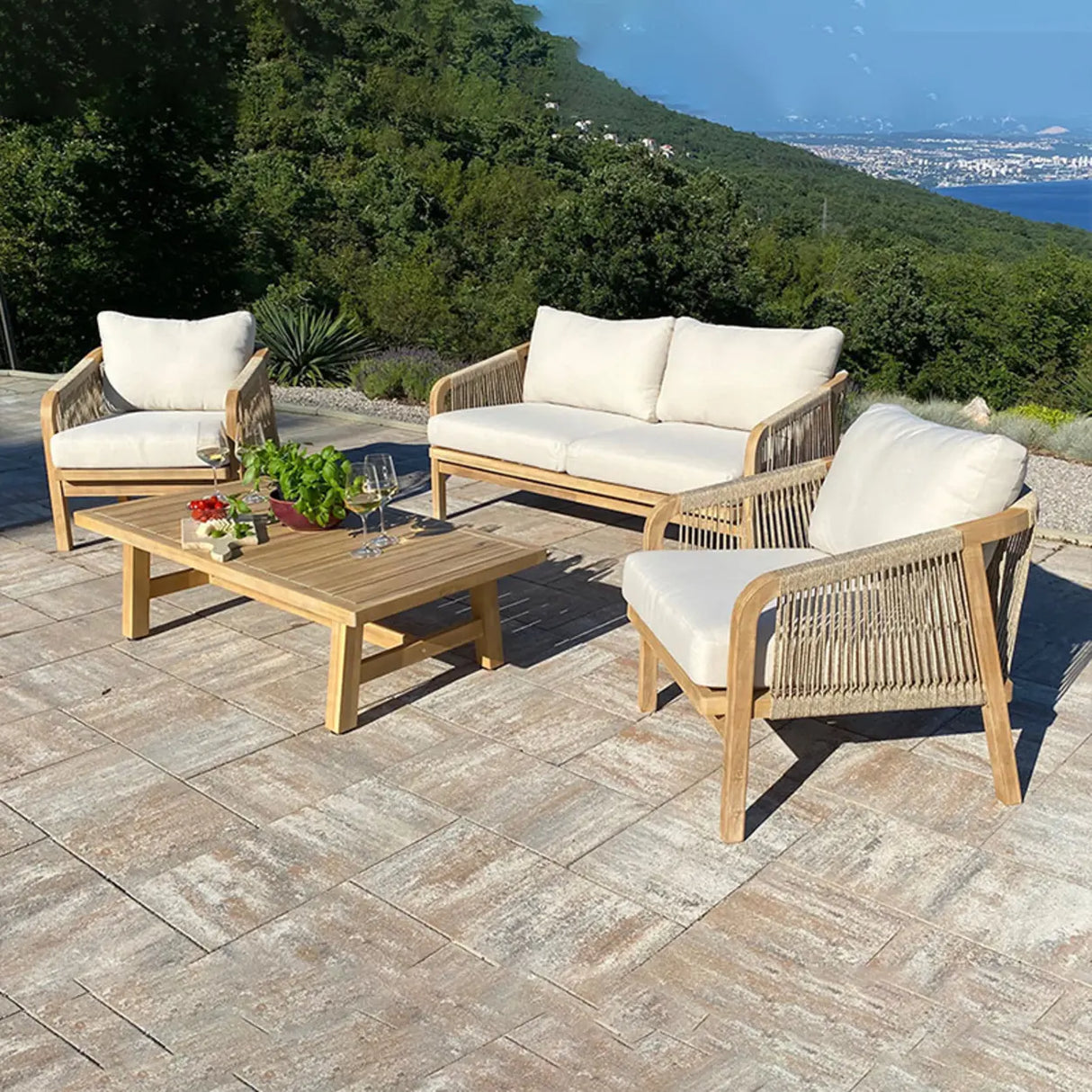 Weather Resistant Outdoor Teak and Rope Beige Patio Set Image - 1