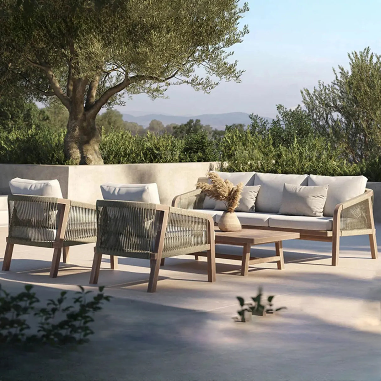 Weather Resistant Outdoor Teak and Rope Beige Patio Set Image - 15