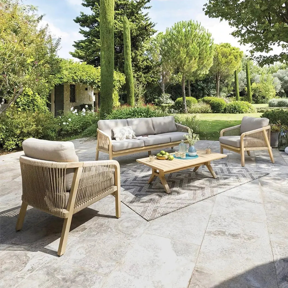 Weather Resistant Outdoor Teak and Rope Beige Patio Set Image - 4