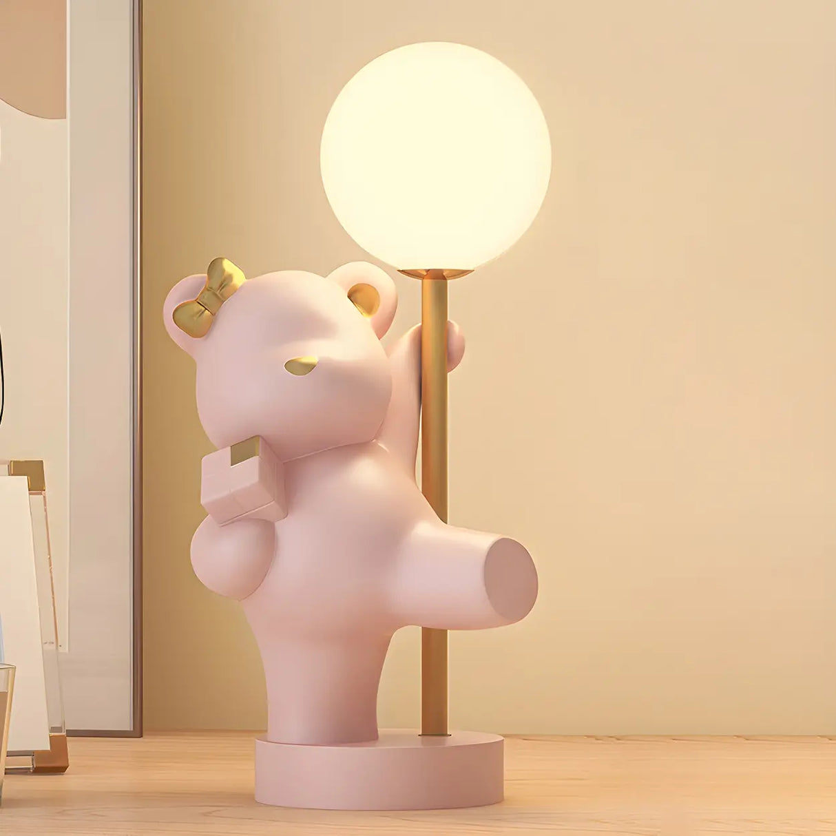 Whimsical Bear Resin Table Lamp for Bedroom - Pink, 15 Inch Image - 1