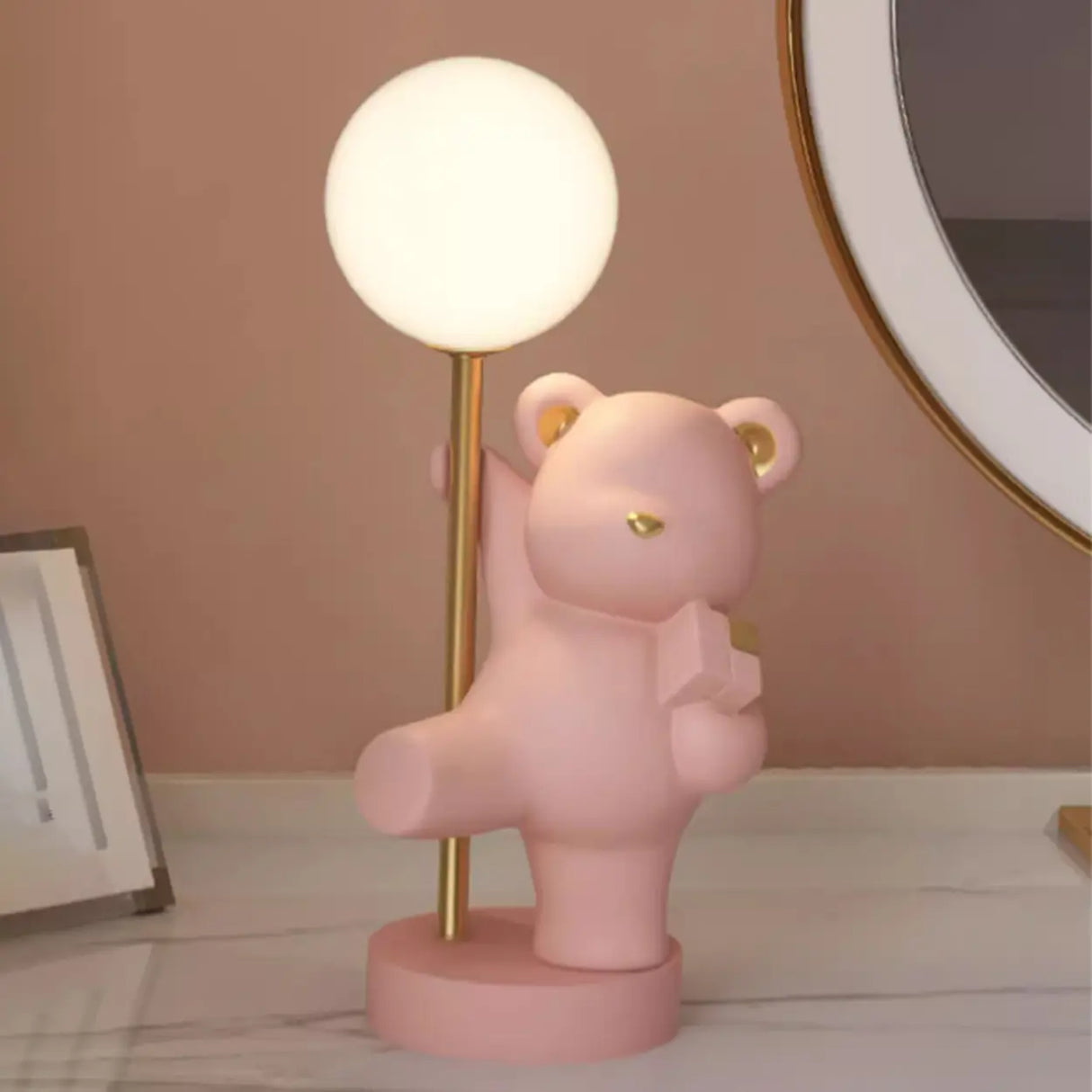 Whimsical Bear Resin Table Lamp for Bedroom - Pink, 15 Inch Image - 14
