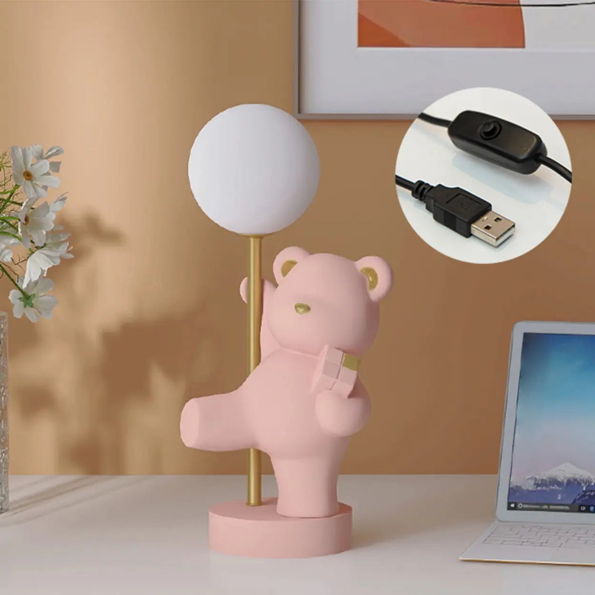 Whimsical Bear Resin Table Lamp for Bedroom - Pink, 15 Inch Image - 17