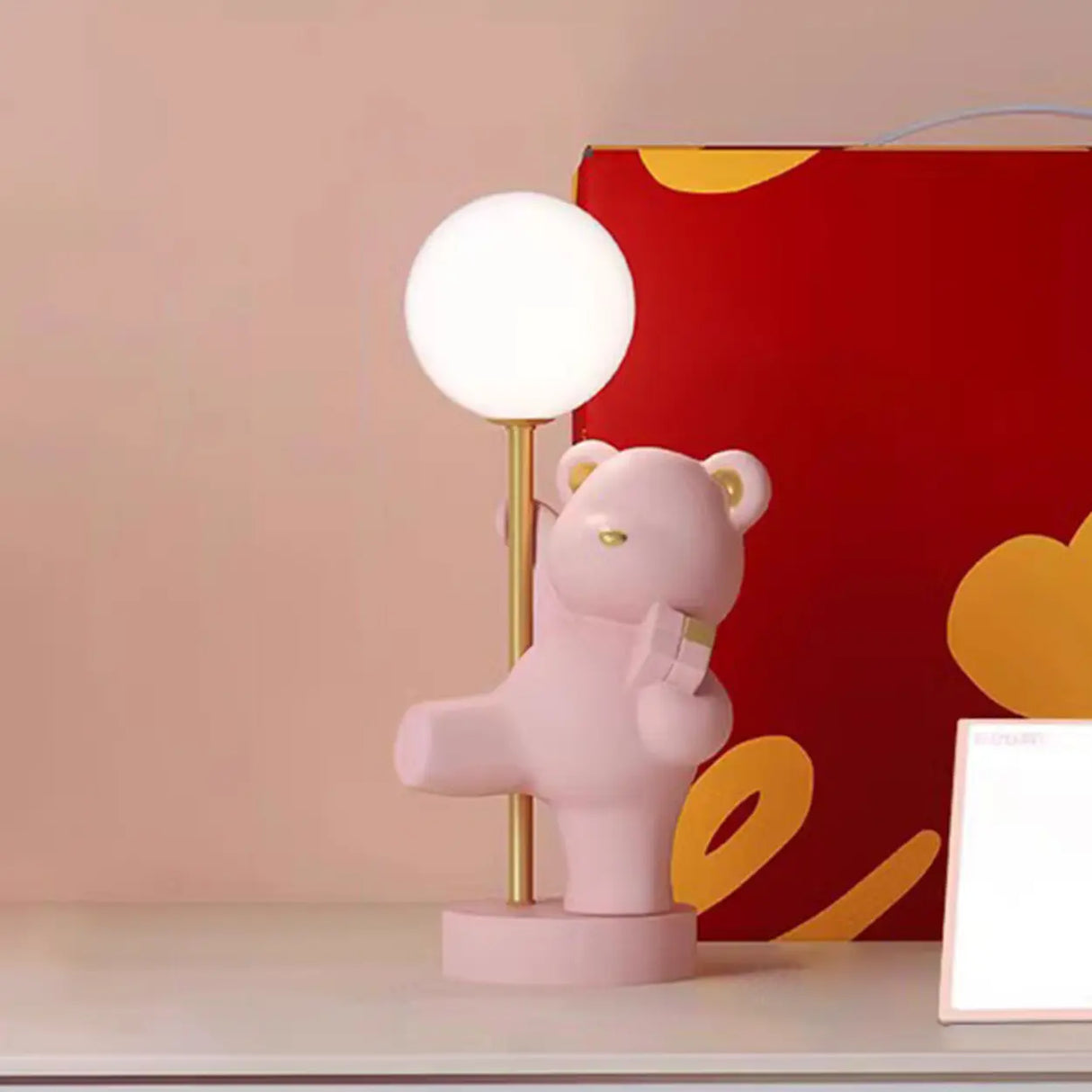 Whimsical Bear Resin Table Lamp for Bedroom - Pink, 15 Inch Image - 2