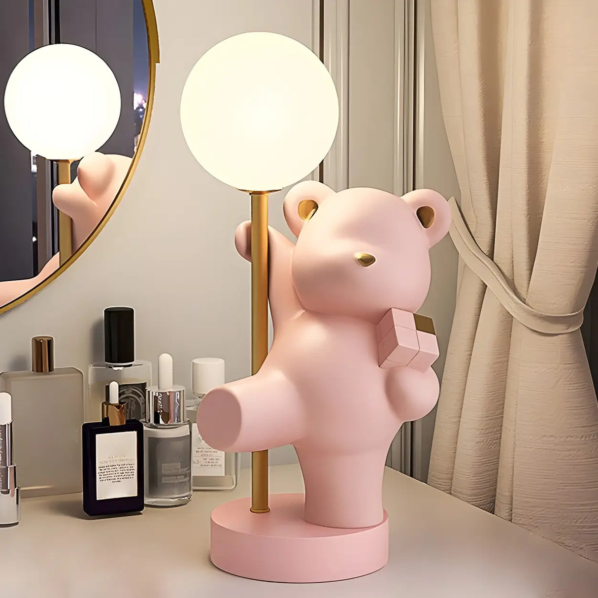Whimsical Bear Resin Table Lamp for Bedroom - Pink, 15 Inch Image - 4