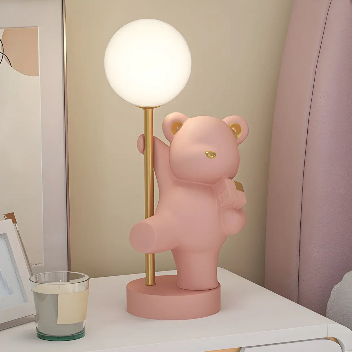 Whimsical Bear Resin Table Lamp for Bedroom - Pink, 15 Inch Image - 6
