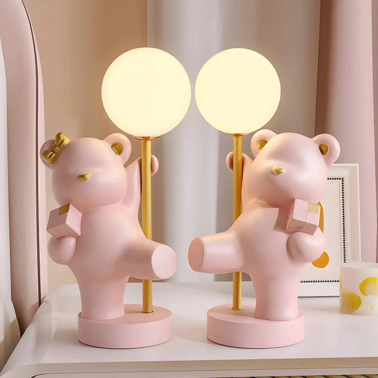 Whimsical Bear Resin Table Lamp for Bedroom - Pink, 15 Inch Image - 8