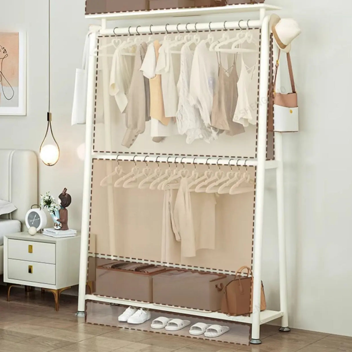 White A-Frame Metal Hallway Coat Rack with Shelves Image - 10