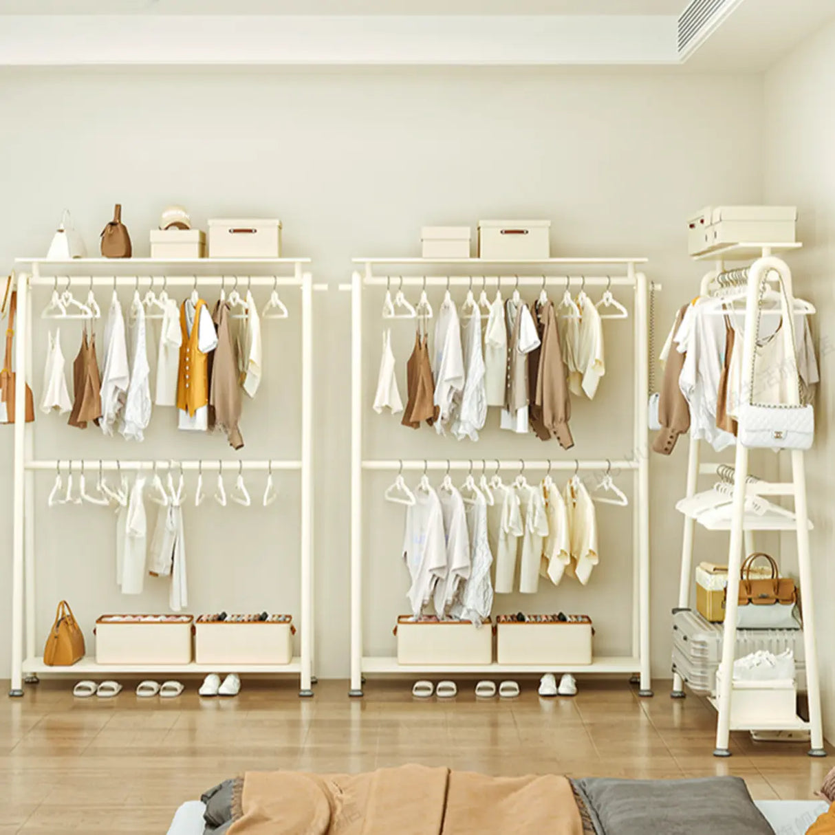 White A-Frame Metal Hallway Coat Rack with Shelves Image - 11