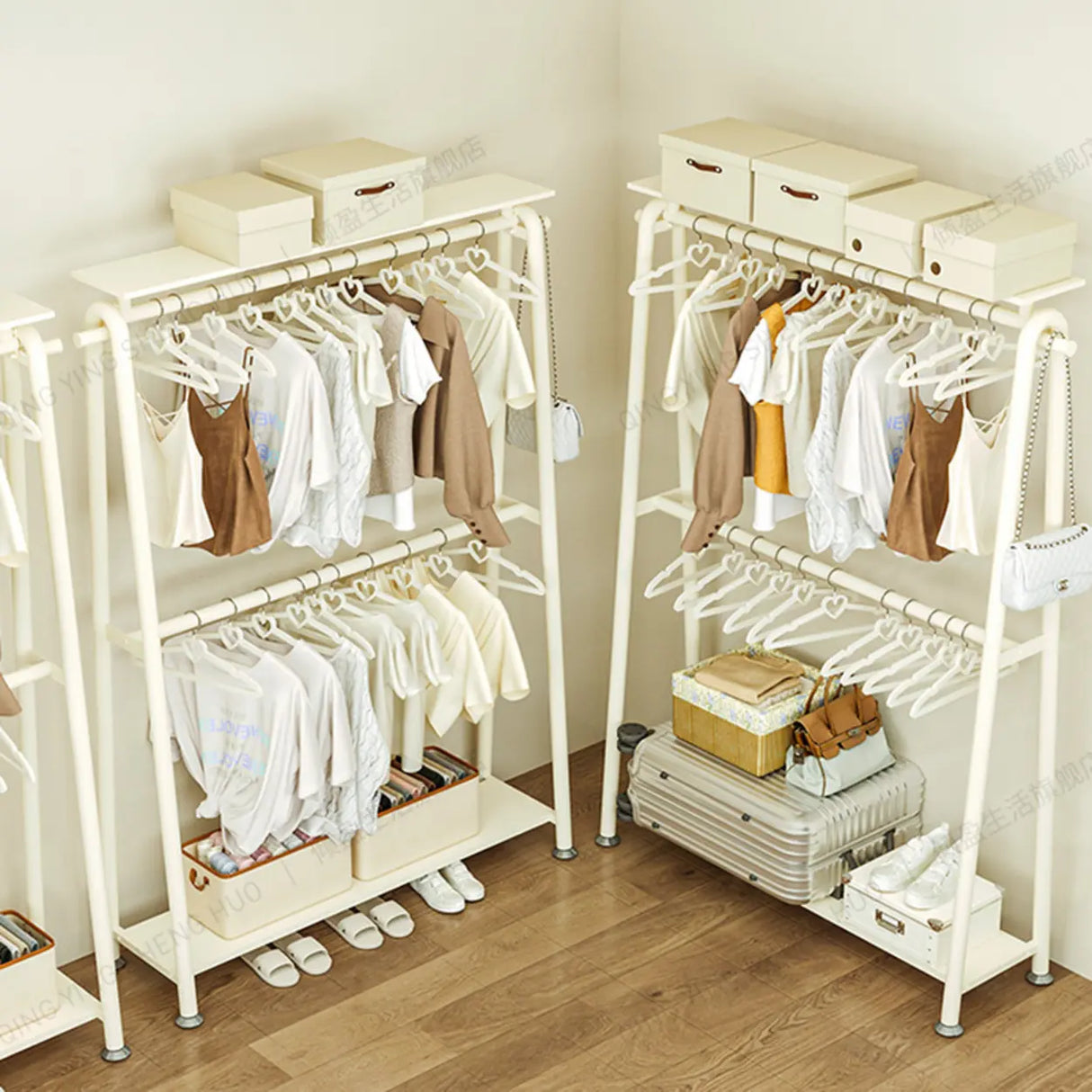 White A-Frame Metal Hallway Coat Rack with Shelves Image - 12