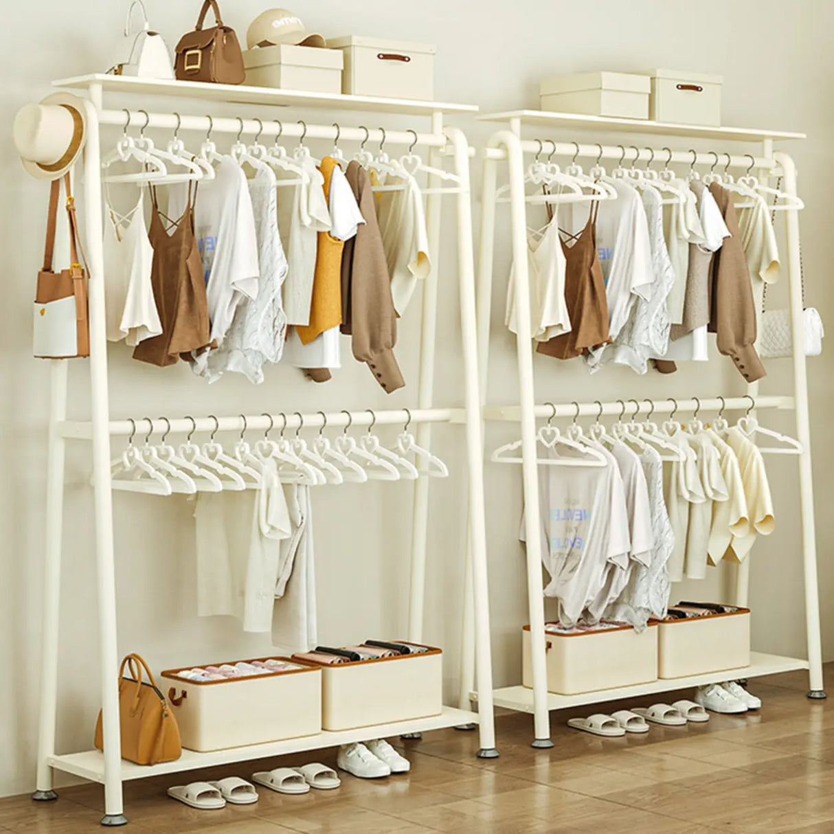 White A-Frame Metal Hallway Coat Rack with Shelves Image - 13