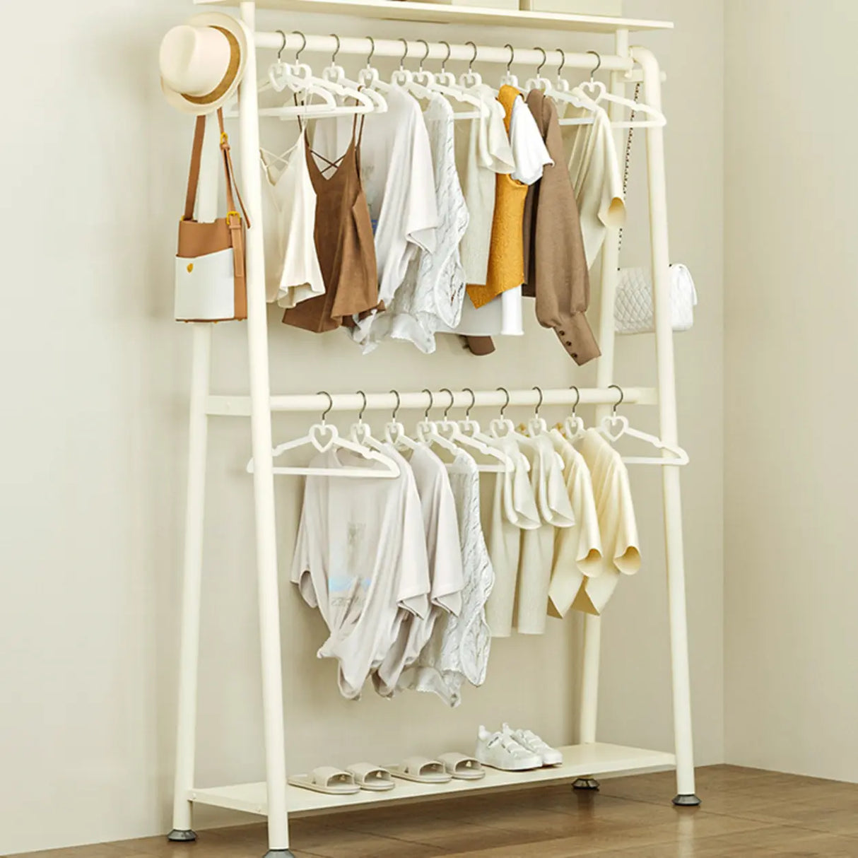 White A-Frame Metal Hallway Coat Rack with Shelves Image - 1