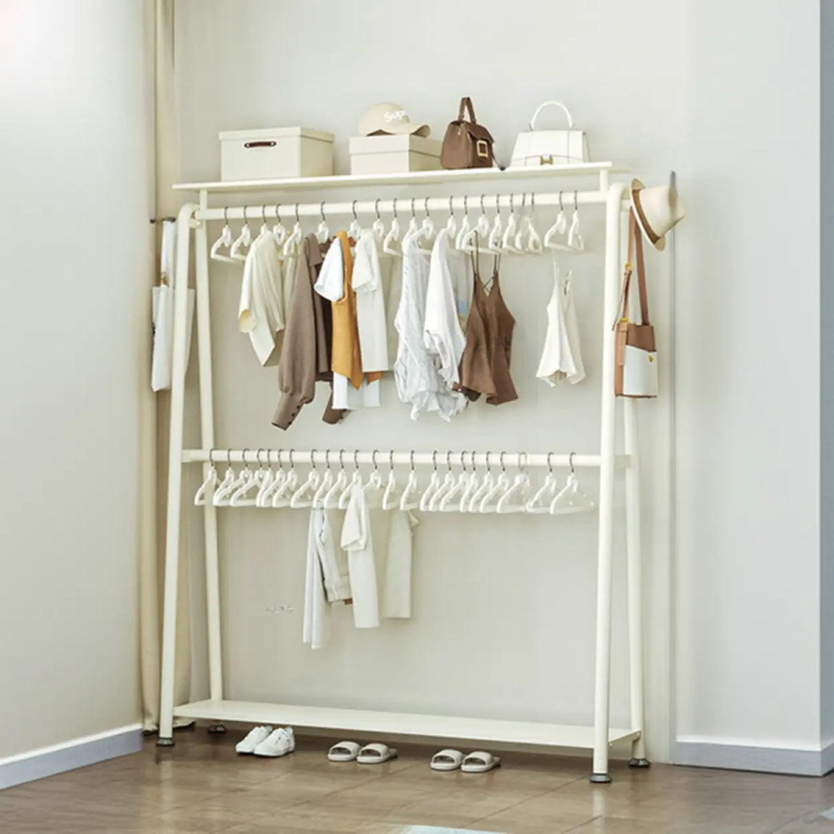 White A-Frame Metal Hallway Coat Rack with Shelves Image - 2