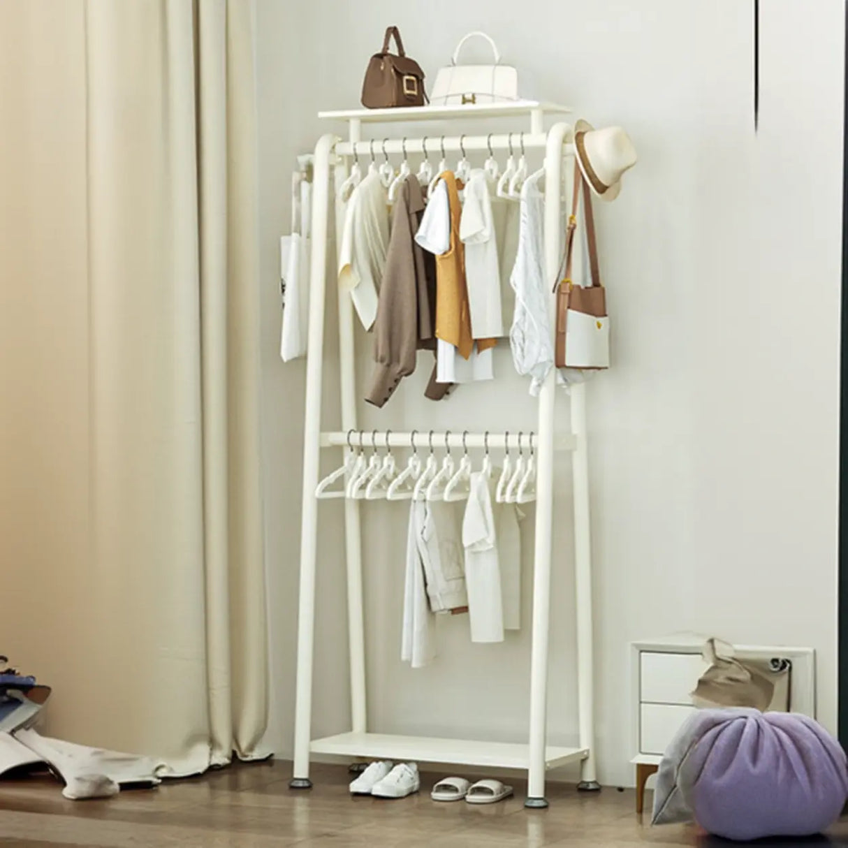 White A-Frame Metal Hallway Coat Rack with Shelves Image - 5