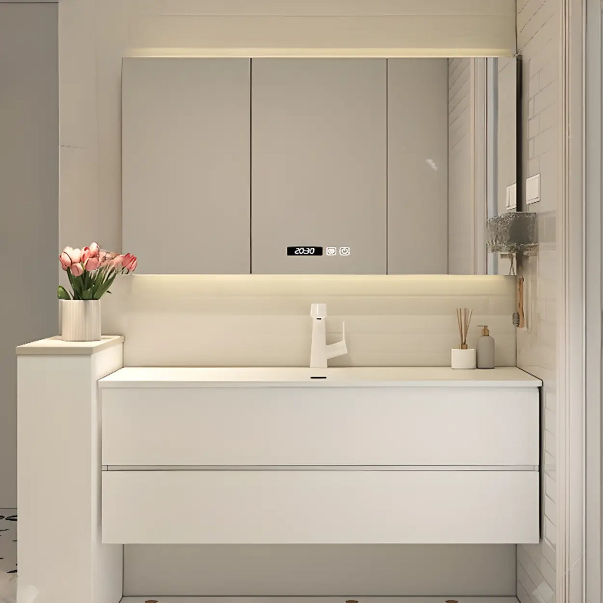 White Acrylic Wall Mounted Bathroom Vanity with Drawers Image - 1